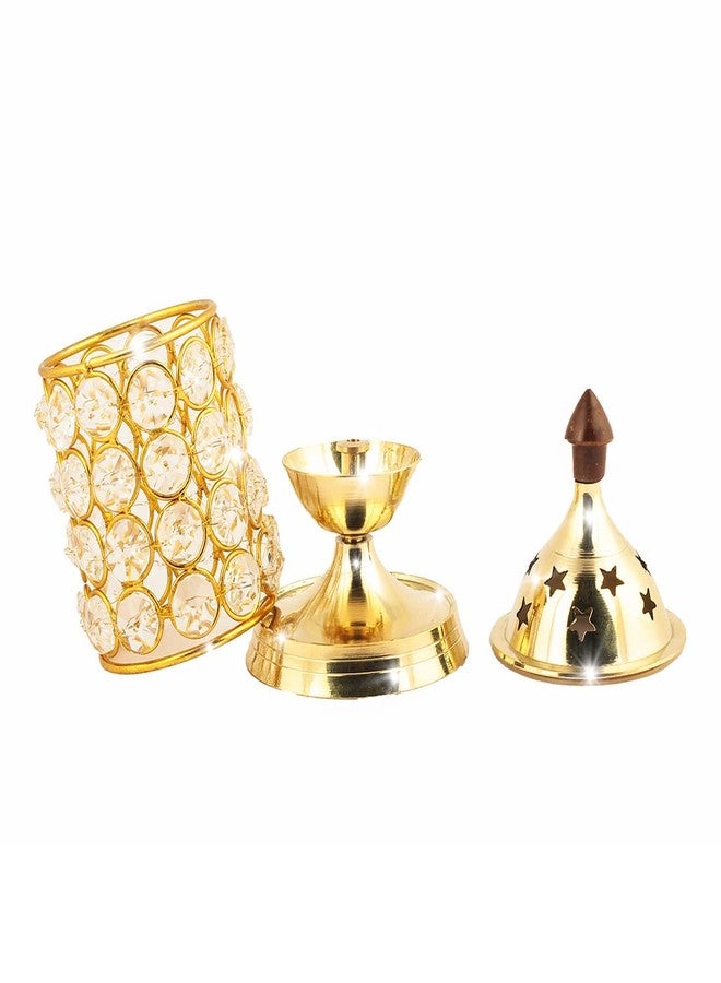 شوبكارت مصباح زيت كريستالي صغير مزخرف من النحاس الأصفر من Shubhkart Nitya Crystal، قطعة زينة ديوالي - فانوس عميق، هدية ديوالي، ديكور منزلي، مصباح بوجا، حامل شموع الشاي (ارتفاع 5.11 بوصة) - 180 جرام - Image 3